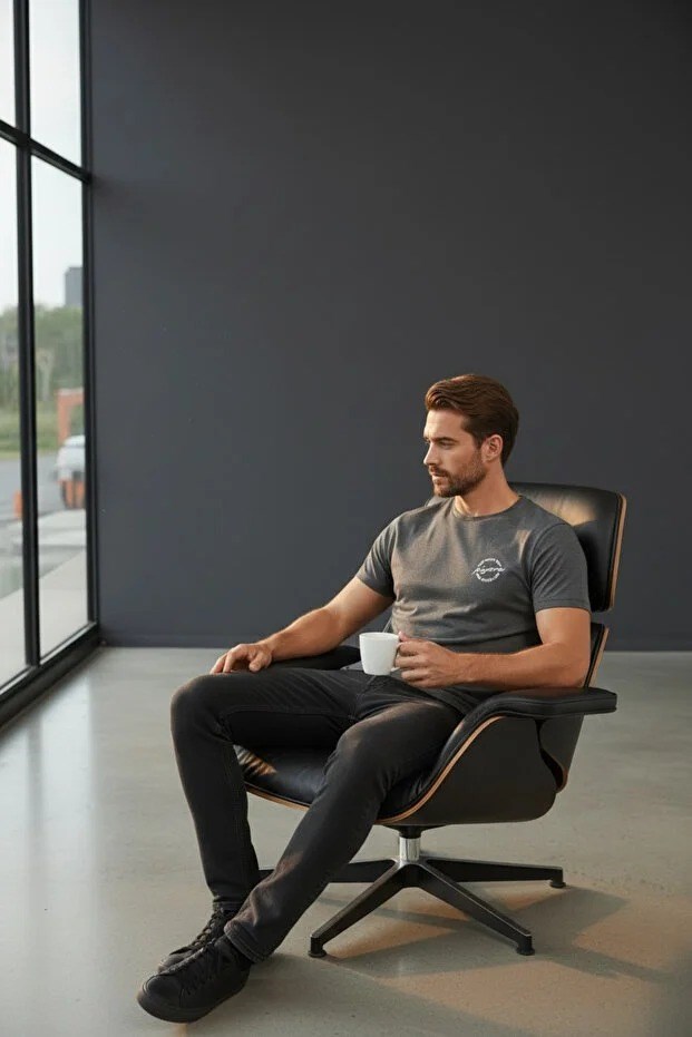 Erkek Basic Tişört Slim Fit Bisiklet Yaka Pamuklu Rahat Günlük T-Shirt Antrasit -179