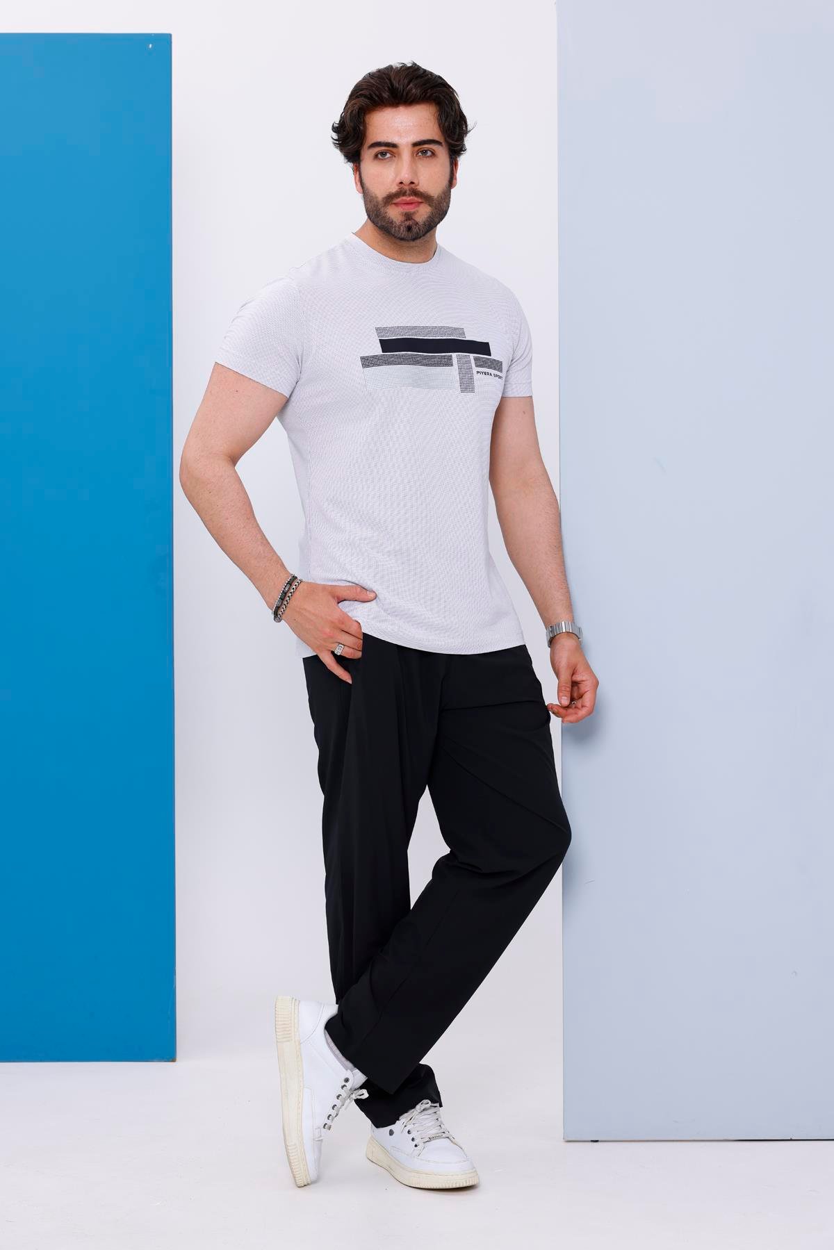 Erkek Beyaz Bisiklet Yaka Baskılı T-shirt - 170