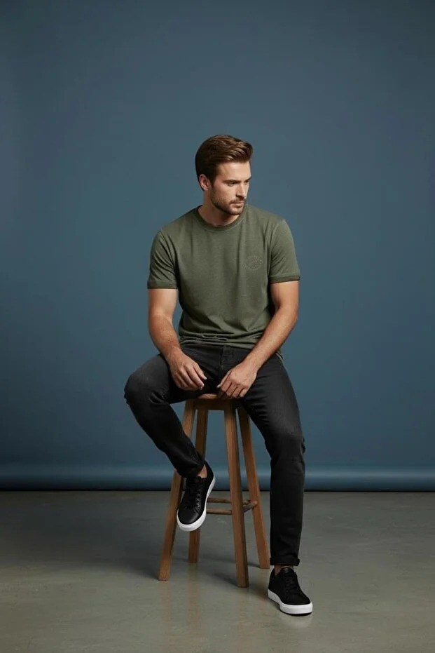 Erkek Basic Tişört Slim Fit Bisiklet Yaka Pamuklu Rahat Günlük T-Shirt Koyu Haki -179