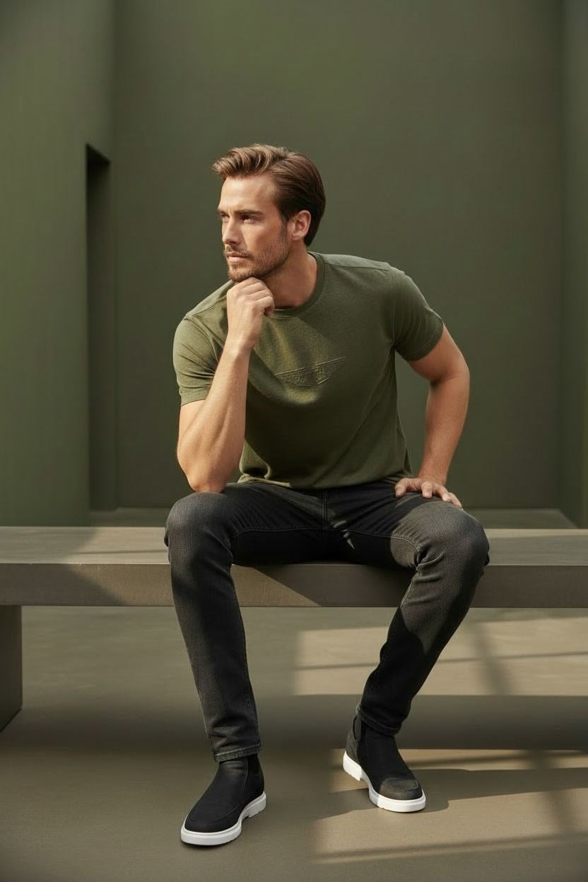 Erkek Baskılı Süprem Kumaş Basic Tişört Slim Fit Pamuklu Erkek T-Shirt Koyu Haki-180