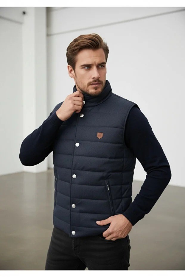 Erkek Şişme Yelek Hafif Dolgulu Günlük Spor Kullanım Dik Yaka Fermuarlı Modern Tasarım Lacivert Renk-70007