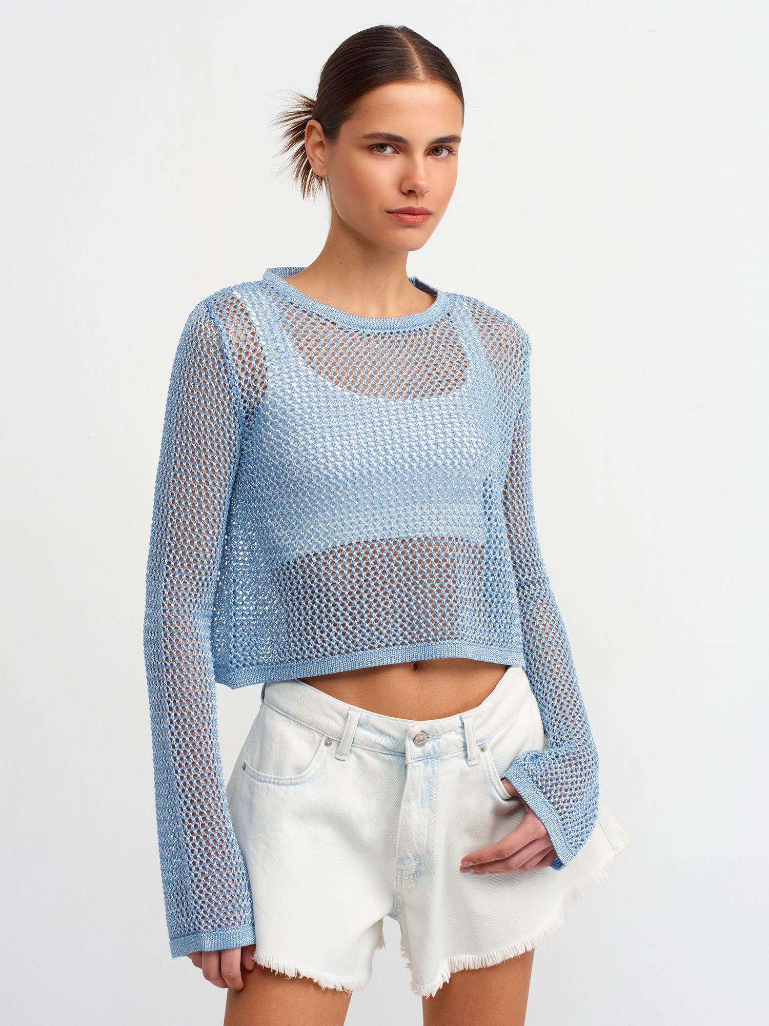 Bisiklet Yaka Ajur Desen Crop Kazak