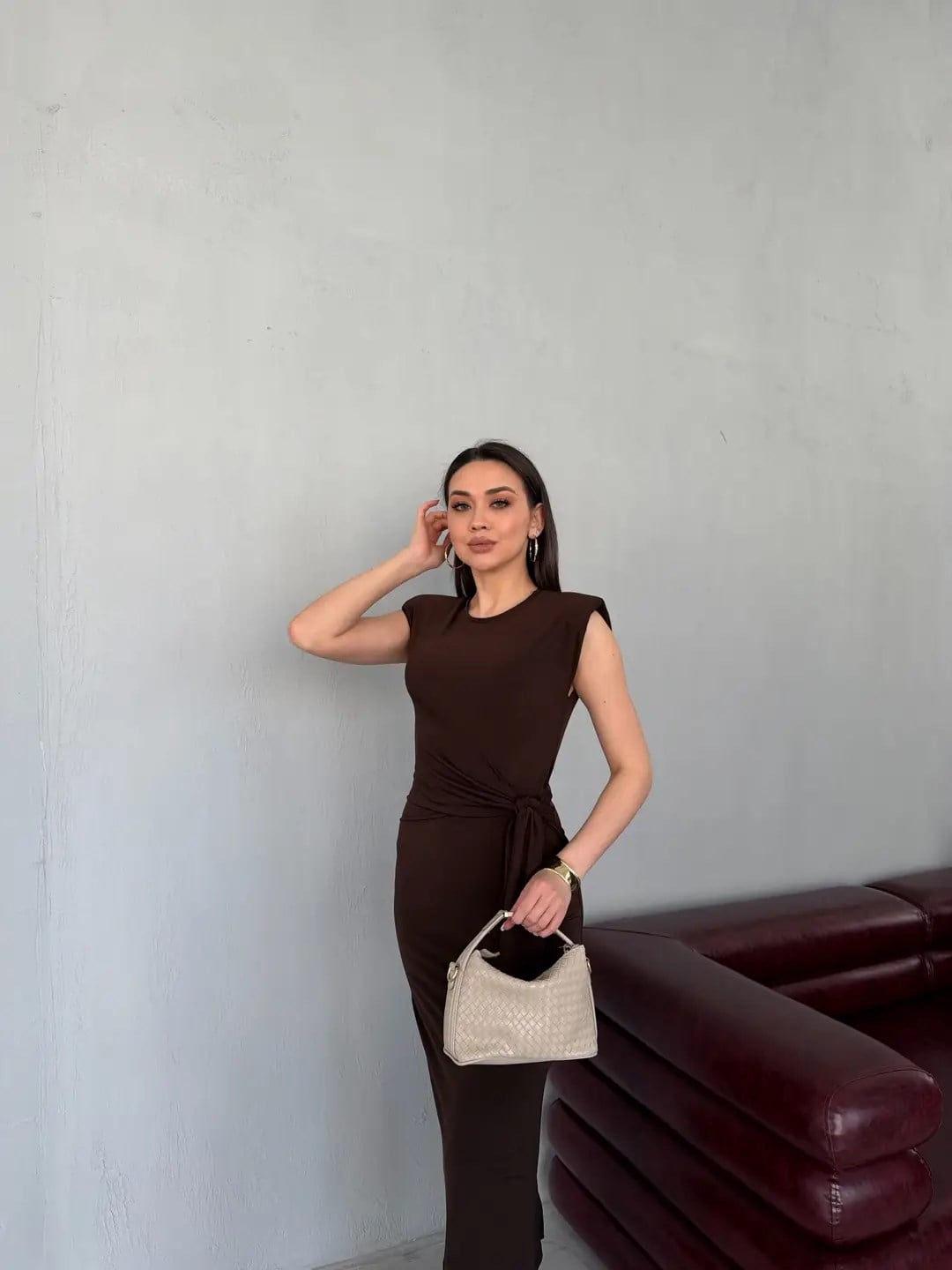 ÖN BAGLAMALI DETAYLI ELBİSE