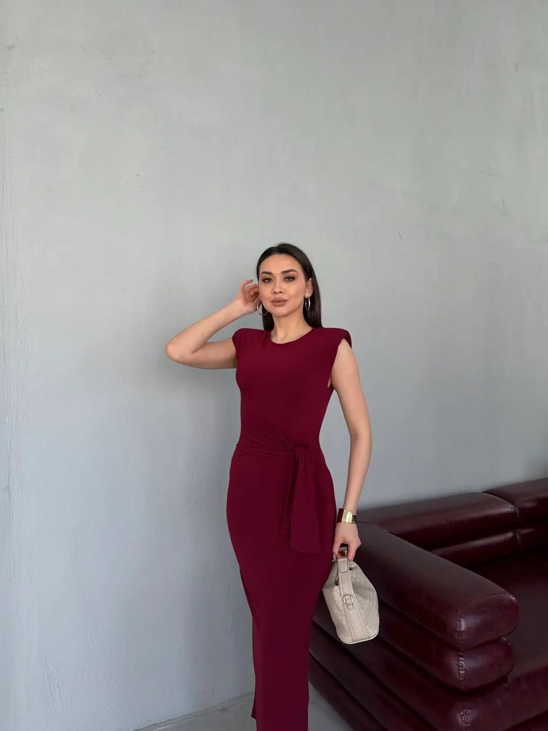 ÖN BAGLAMALI DETAYLI ELBİSE