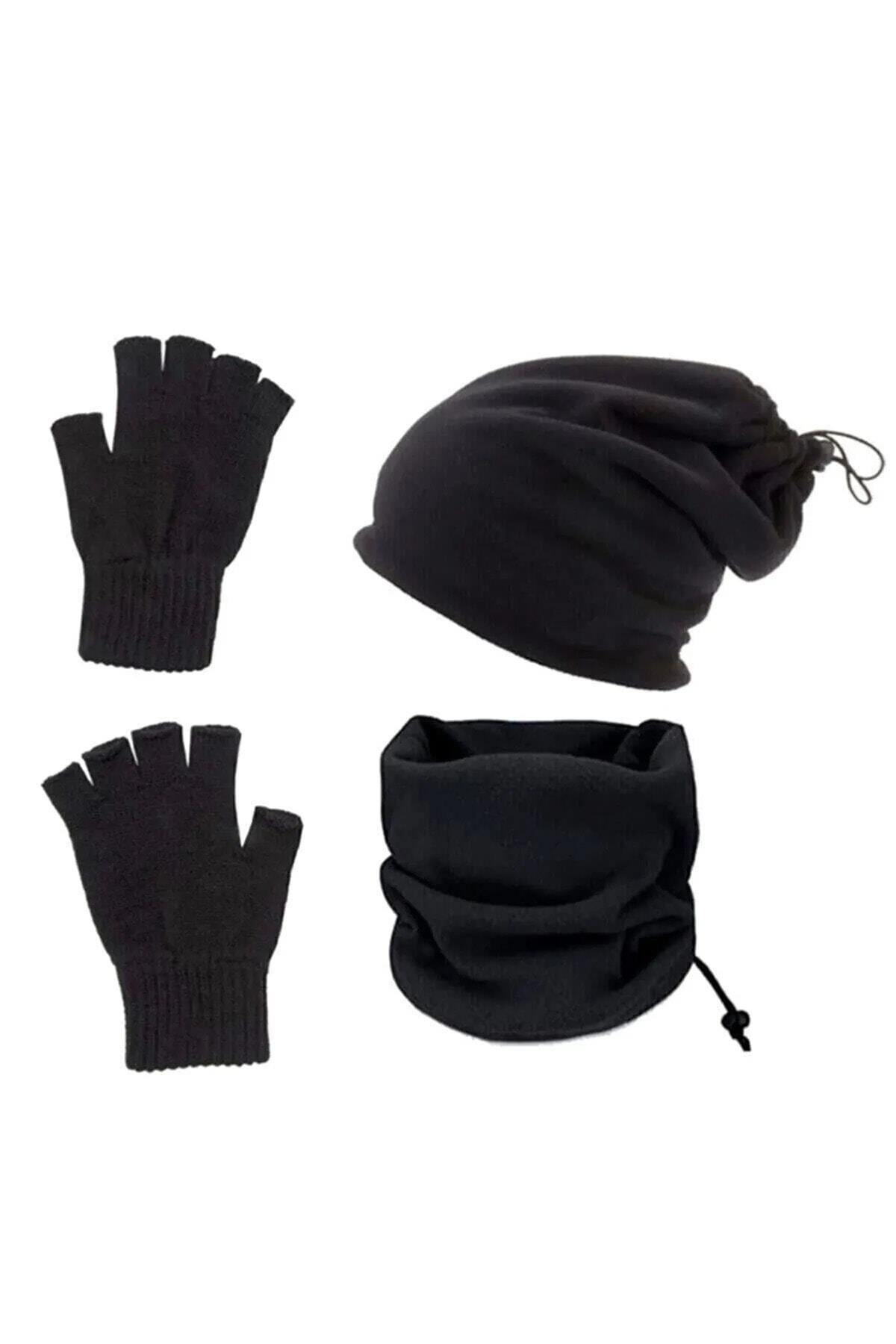 3 Lü Set Soğuk Geçirmez Termal Polar Boyunluk Bere Ve Örgü Kesik Eldiven Siyah