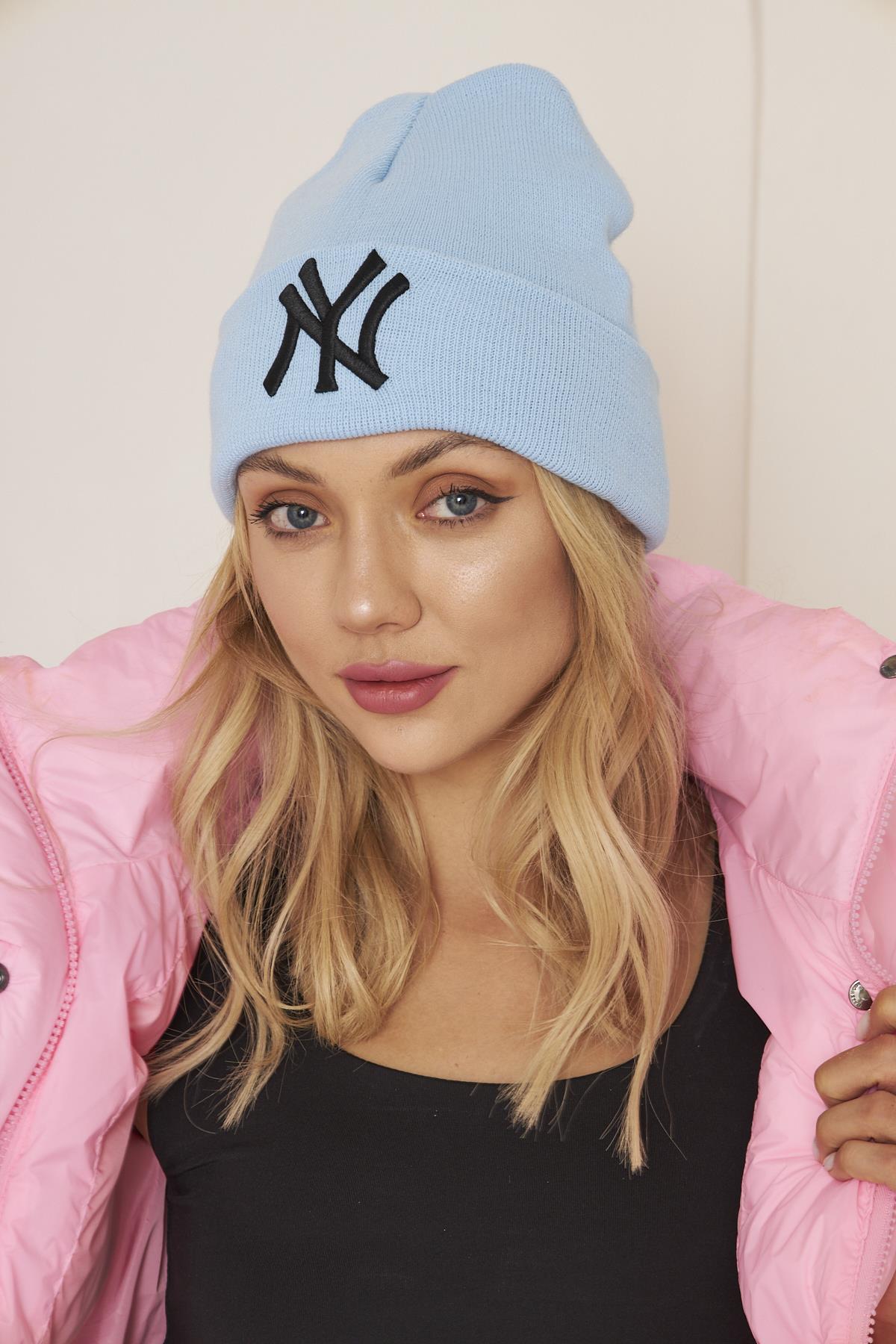 Bebe Mavi Unısex Ny Nakış Detaylı Yumuşak Dokulu Triko Bere
