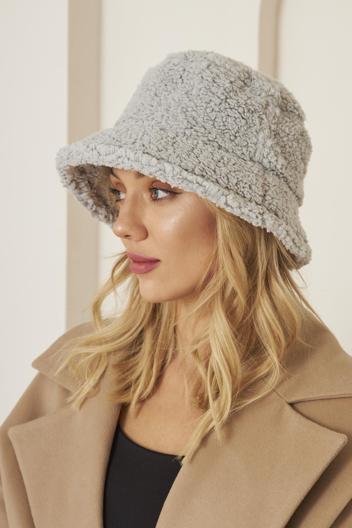 Gri Kadın Peluş Kova Model Balıkçı Bucket Hat Kışlık Şapka