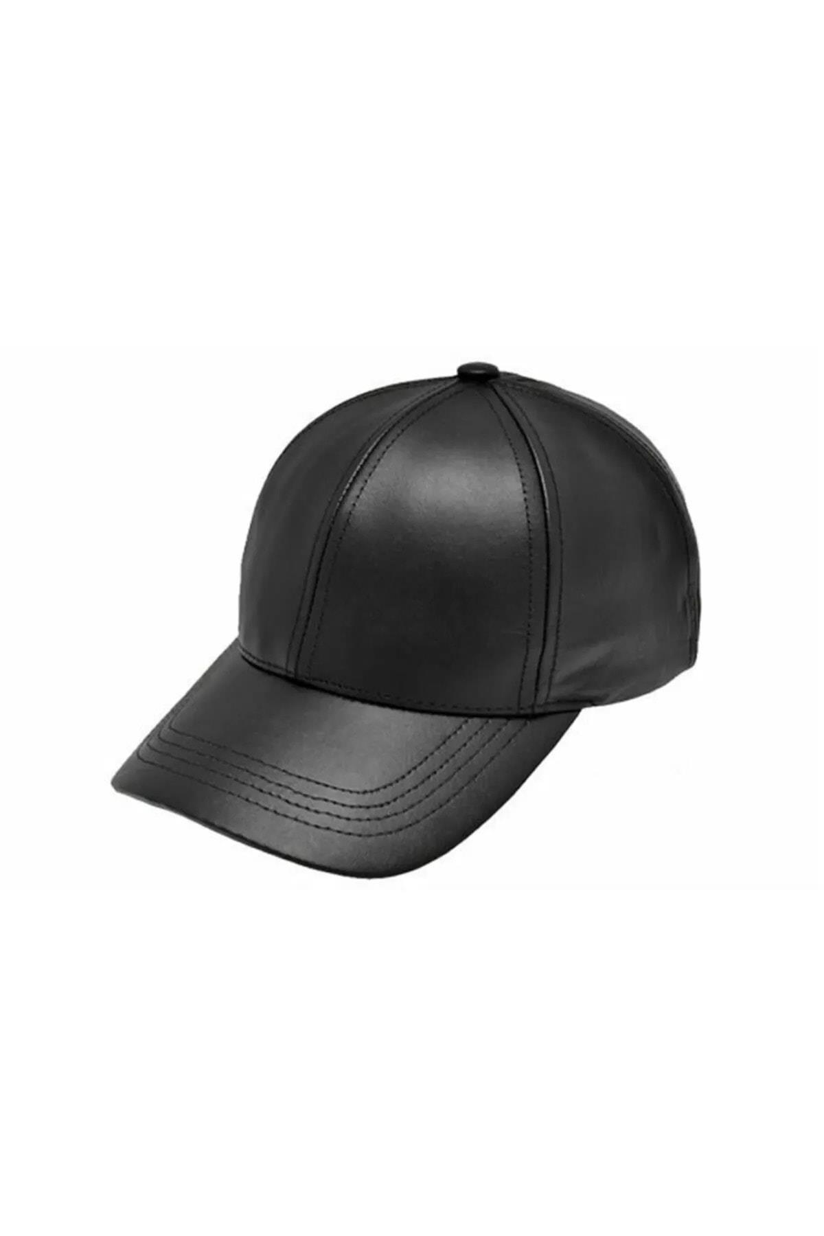 Hakiki Deri Unisex Siyah Deri Cap Ayarlanabilir Şapka
