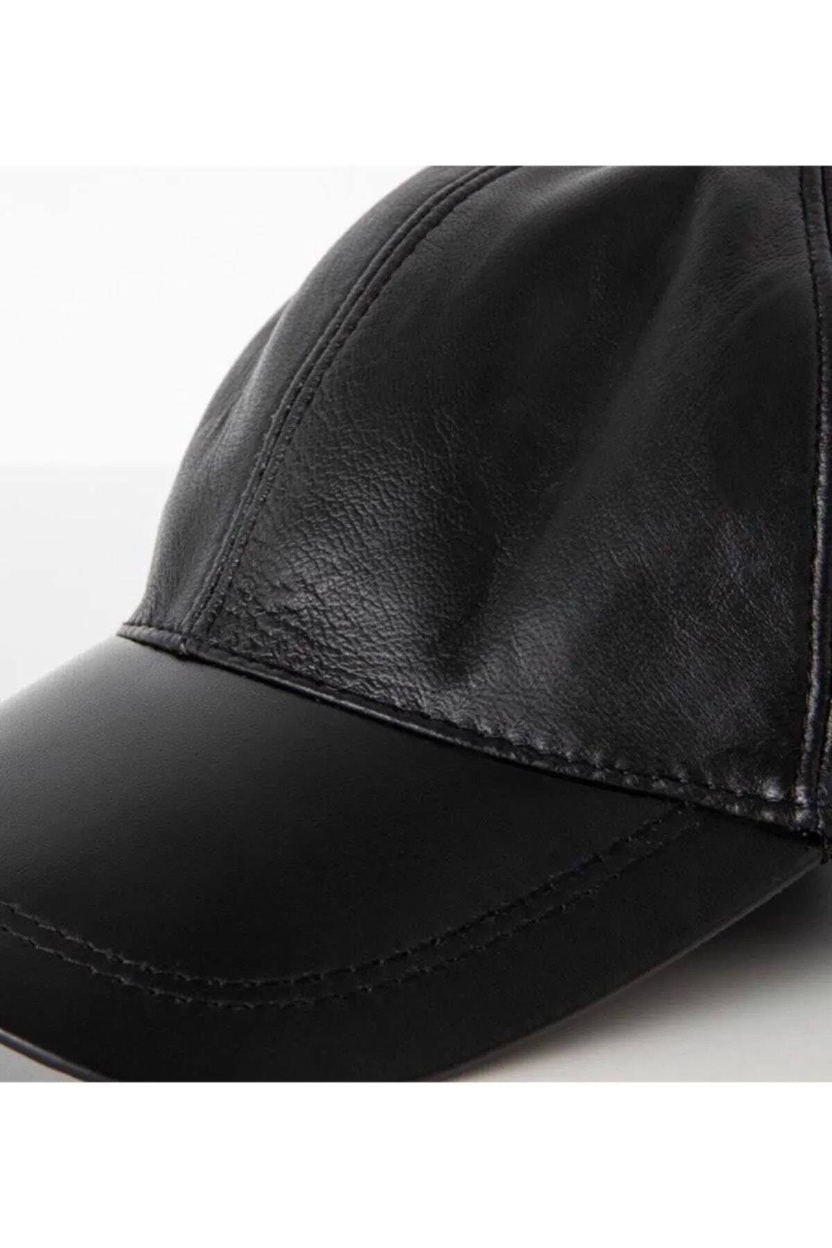 Hakiki Deri Unisex Siyah Deri Cap Ayarlanabilir Şapka