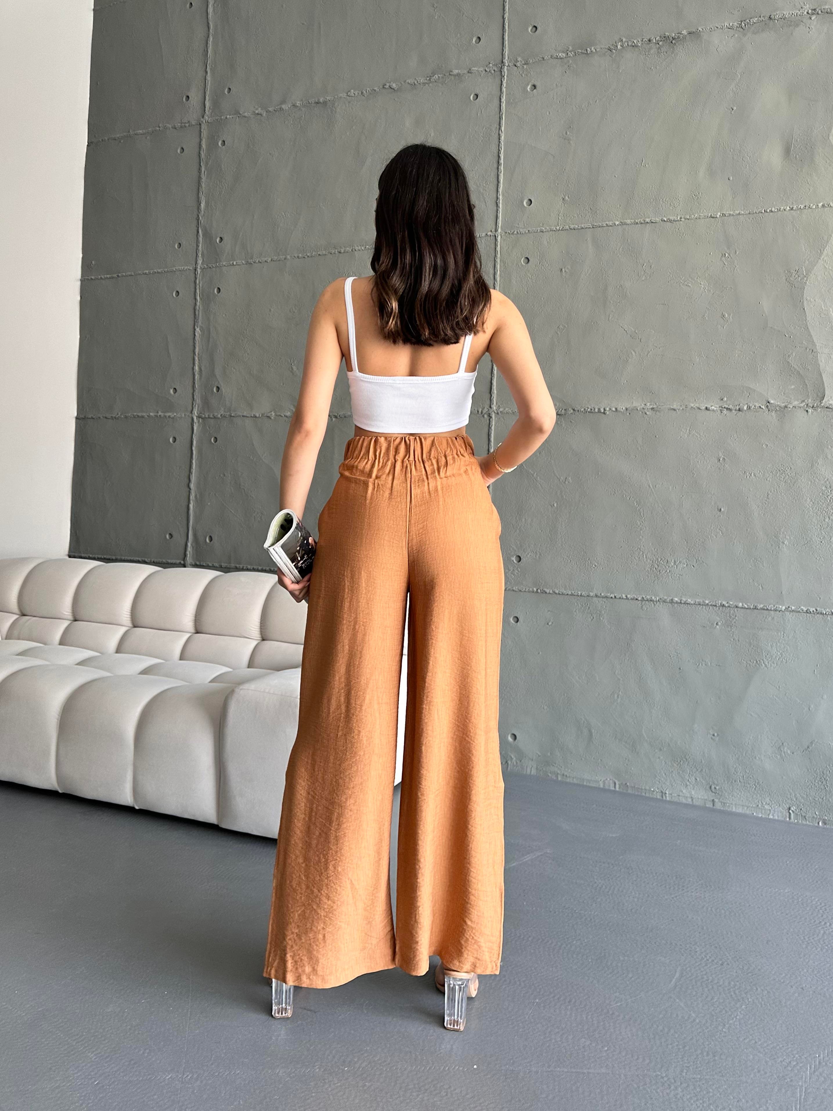Kadın Camel Keten Paçaları Yırtmaçlı Pantolon