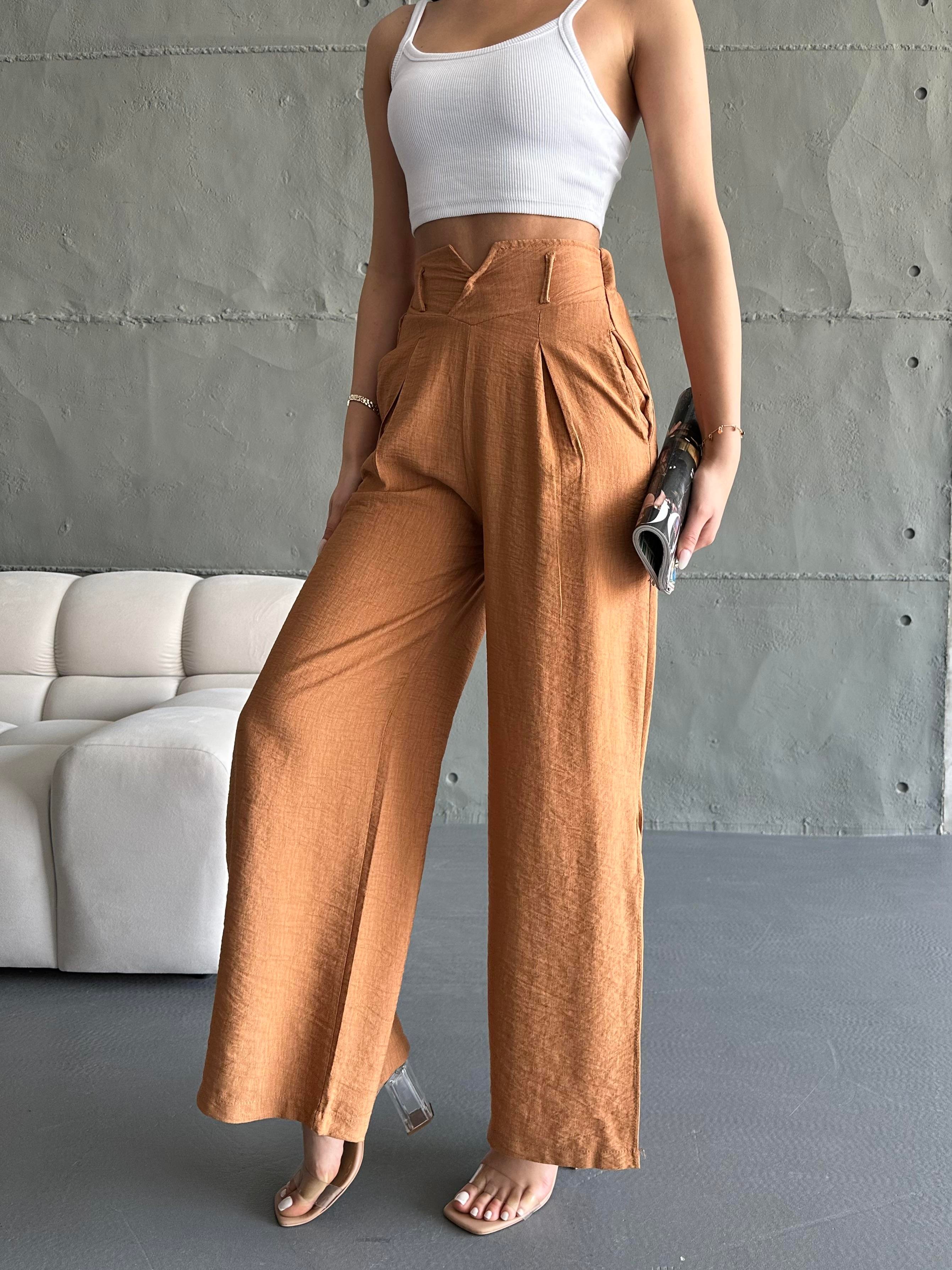 Kadın Camel Keten Paçaları Yırtmaçlı Pantolon