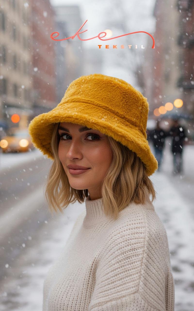 KADIN PELUŞ BUCKET SARI RENK ŞAPKA