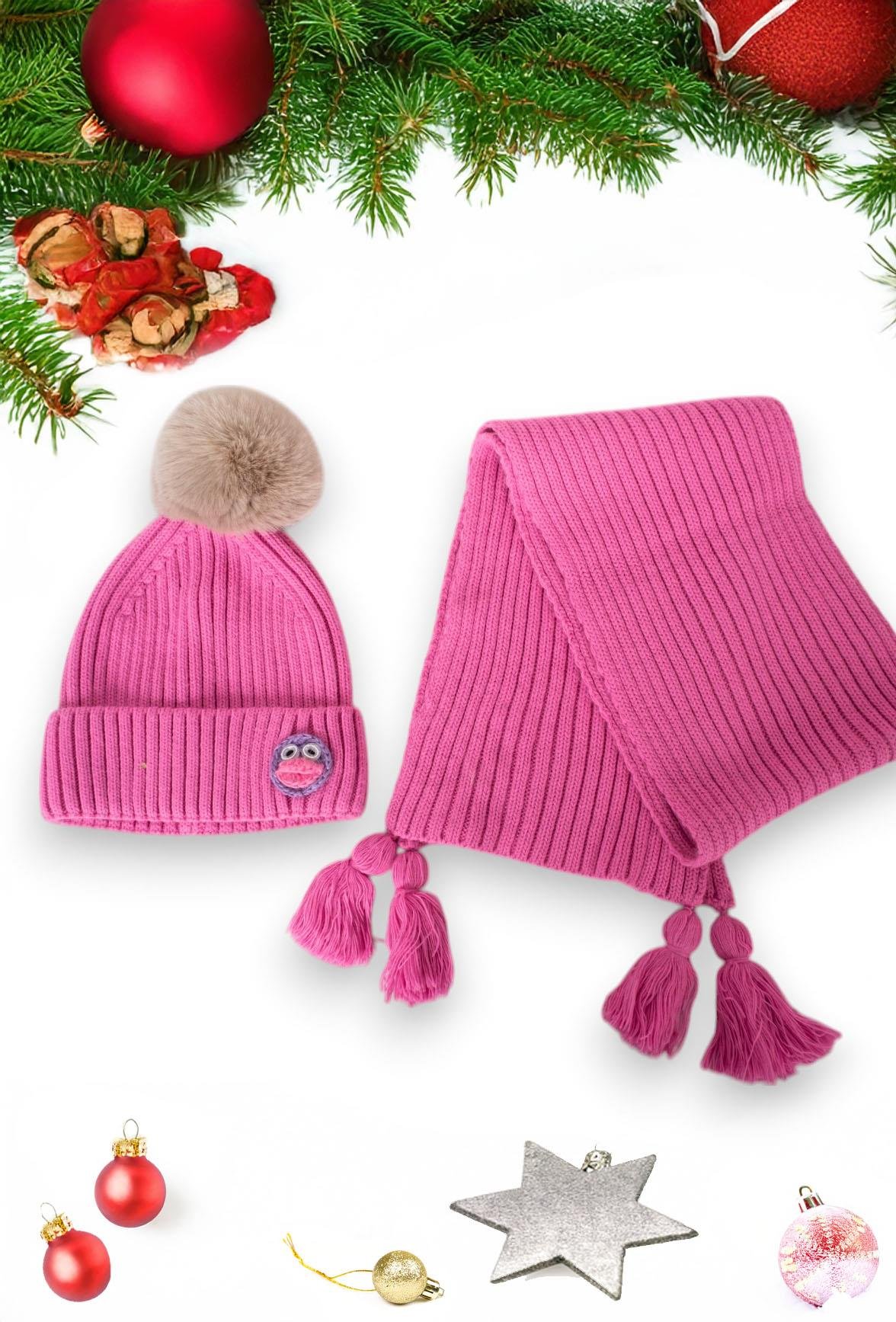 Pembe Çocuk Ördek Nakışlı Atkı ve Bere Takımı
