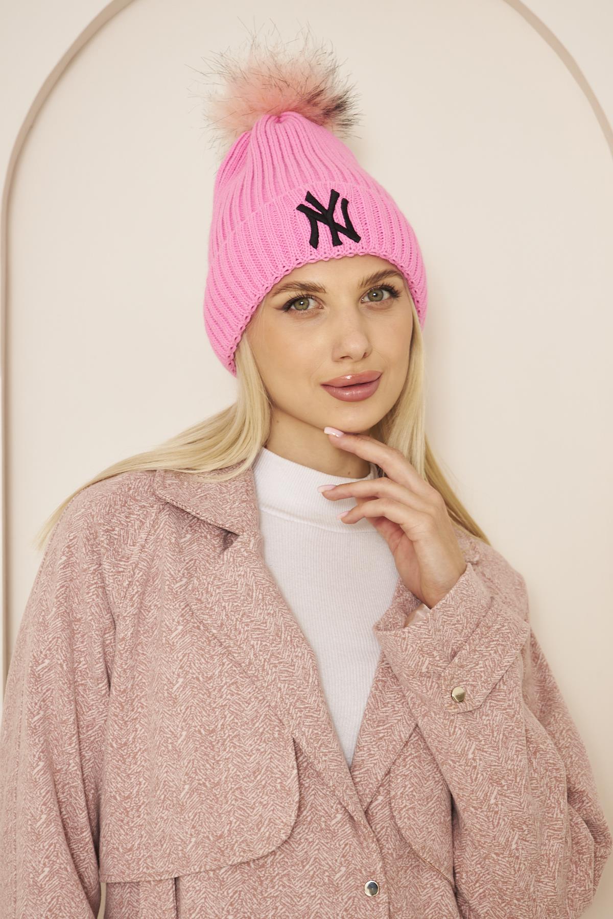Pembe Ny Nakış Detaylı Kadın Ponponlu Triko Bere