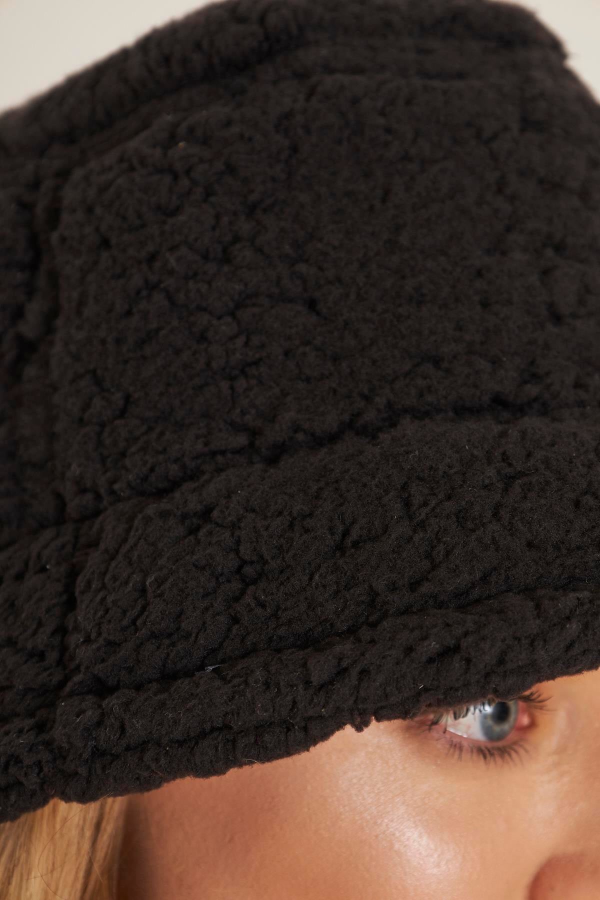 Siyah Kadın Peluş Kova Model Balıkçı Bucket Hat Kışlık Şapka