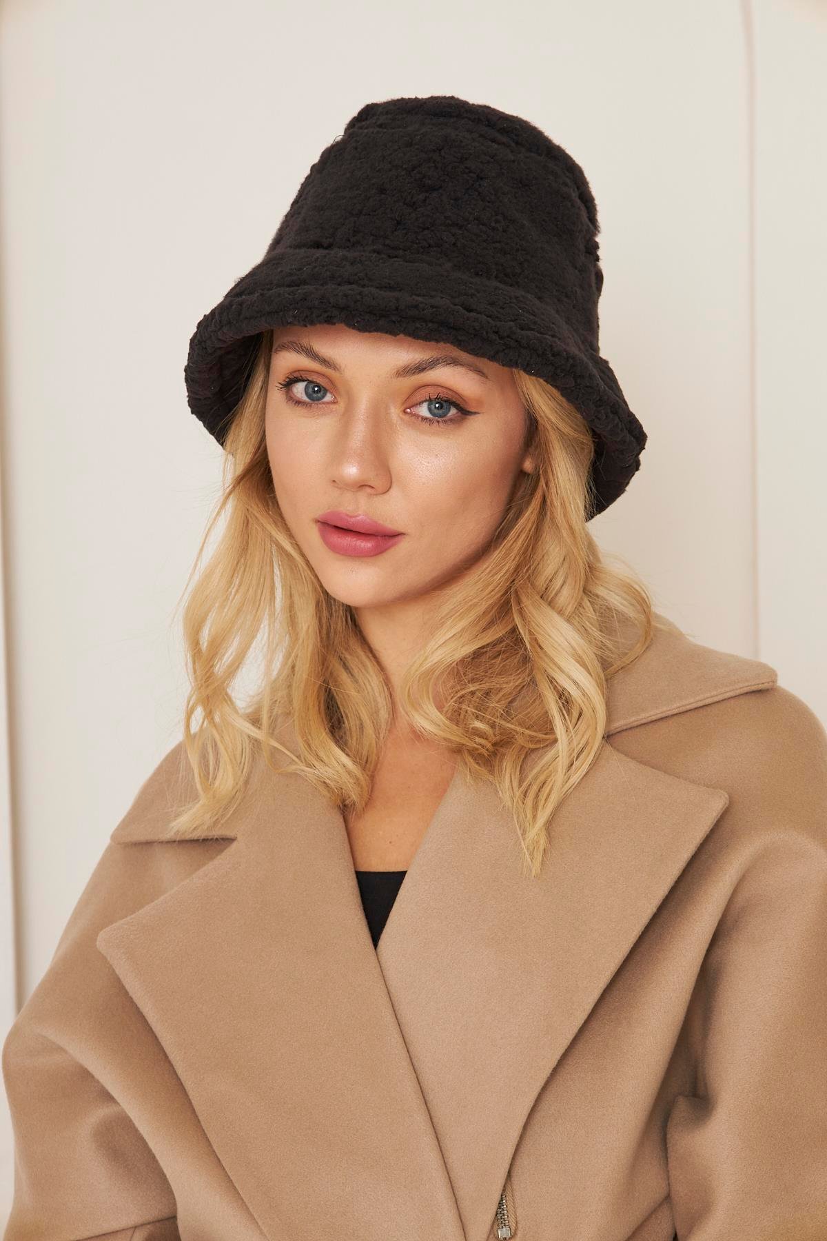 Siyah Kadın Peluş Kova Model Balıkçı Bucket Hat Kışlık Şapka