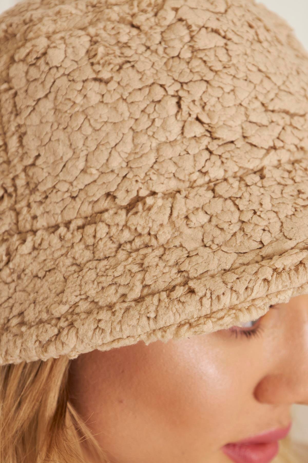 Siyah Kadın Peluş Kova Model Balıkçı Bucket Hat Kışlık Şapka