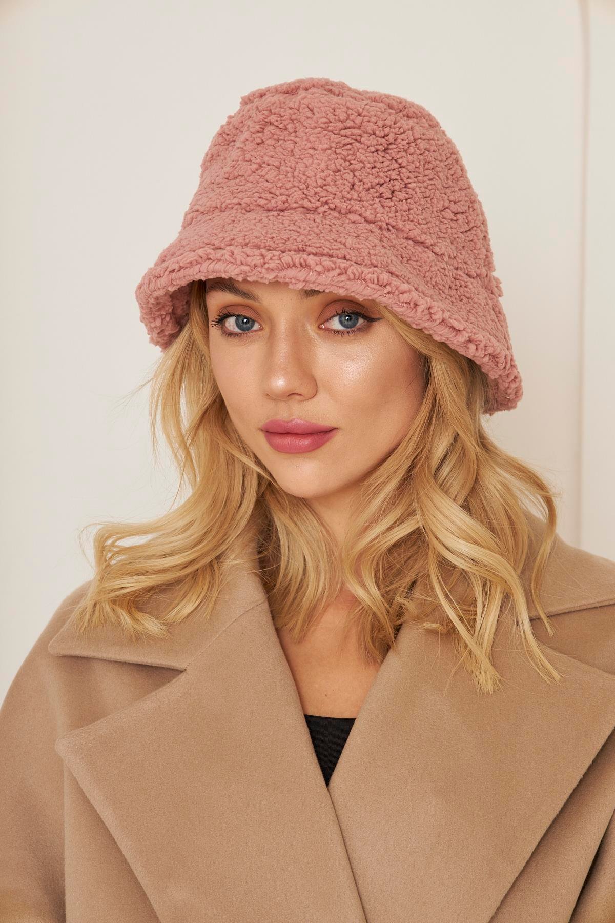 Siyah Kadın Peluş Kova Model Balıkçı Bucket Hat Kışlık Şapka