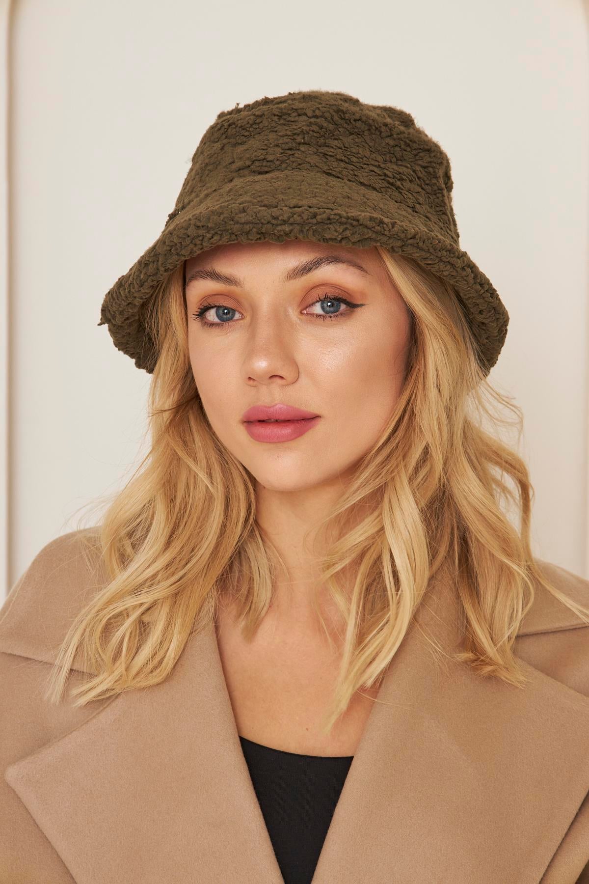 Siyah Kadın Peluş Kova Model Balıkçı Bucket Hat Kışlık Şapka