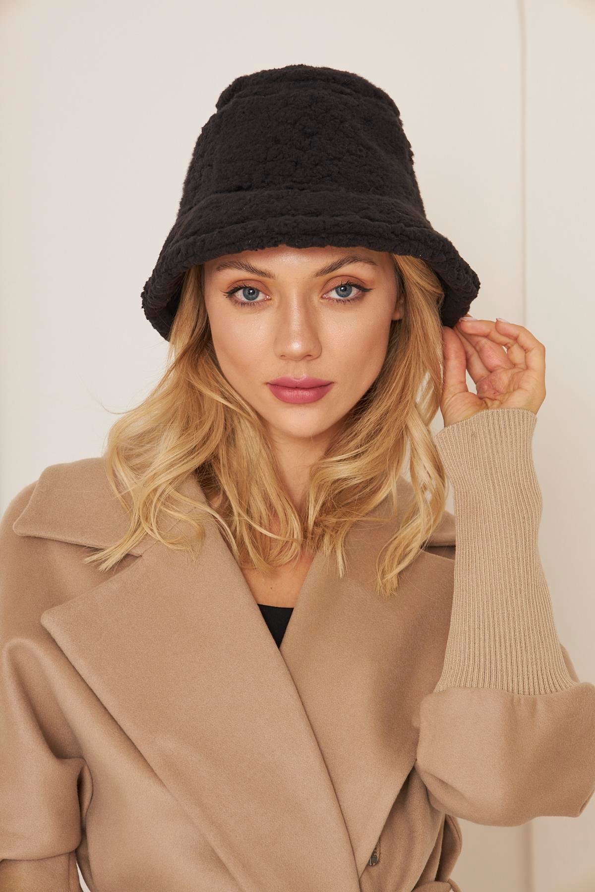Siyah Kadın Peluş Kova Model Balıkçı Bucket Hat Kışlık Şapka