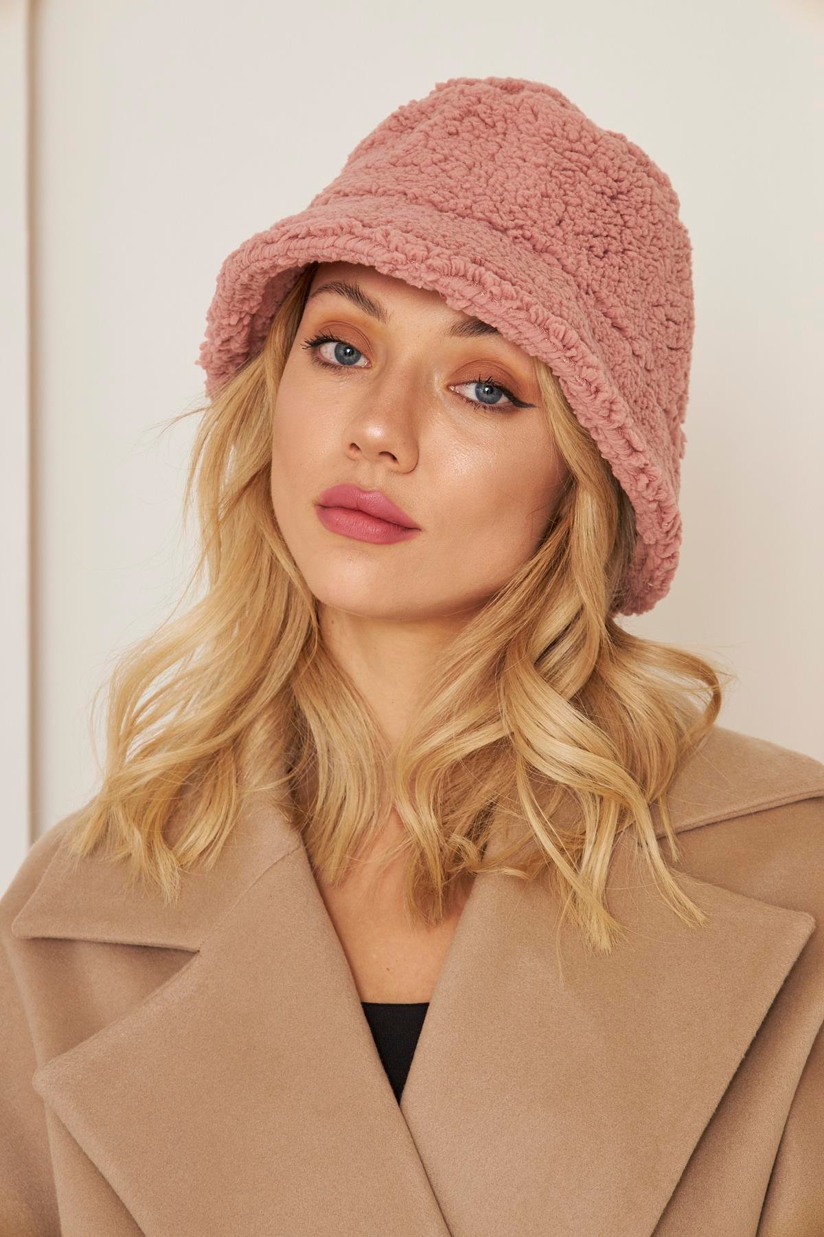 Siyah Kadın Peluş Kova Model Balıkçı Bucket Hat Kışlık Şapka