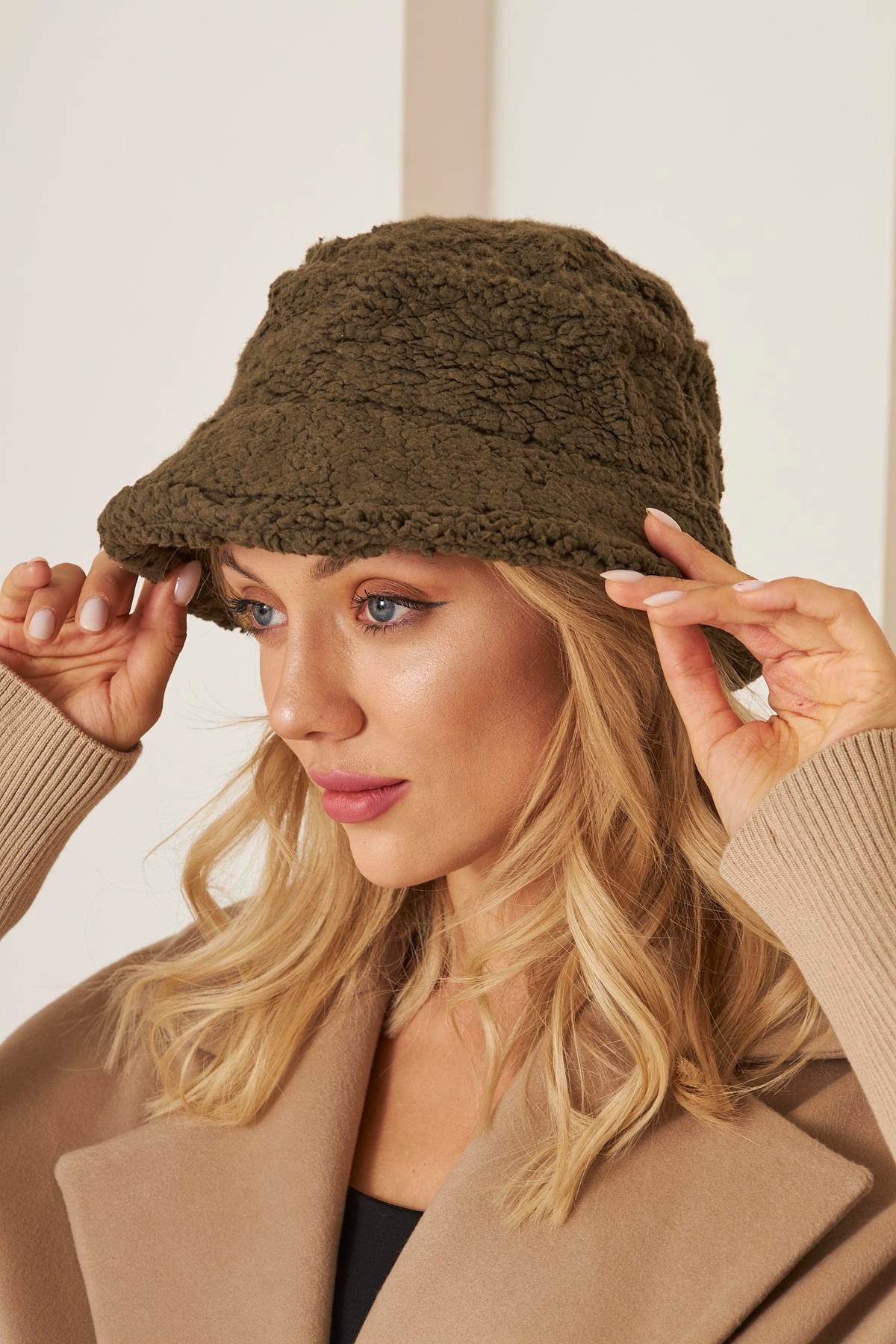 Siyah Kadın Peluş Kova Model Balıkçı Bucket Hat Kışlık Şapka