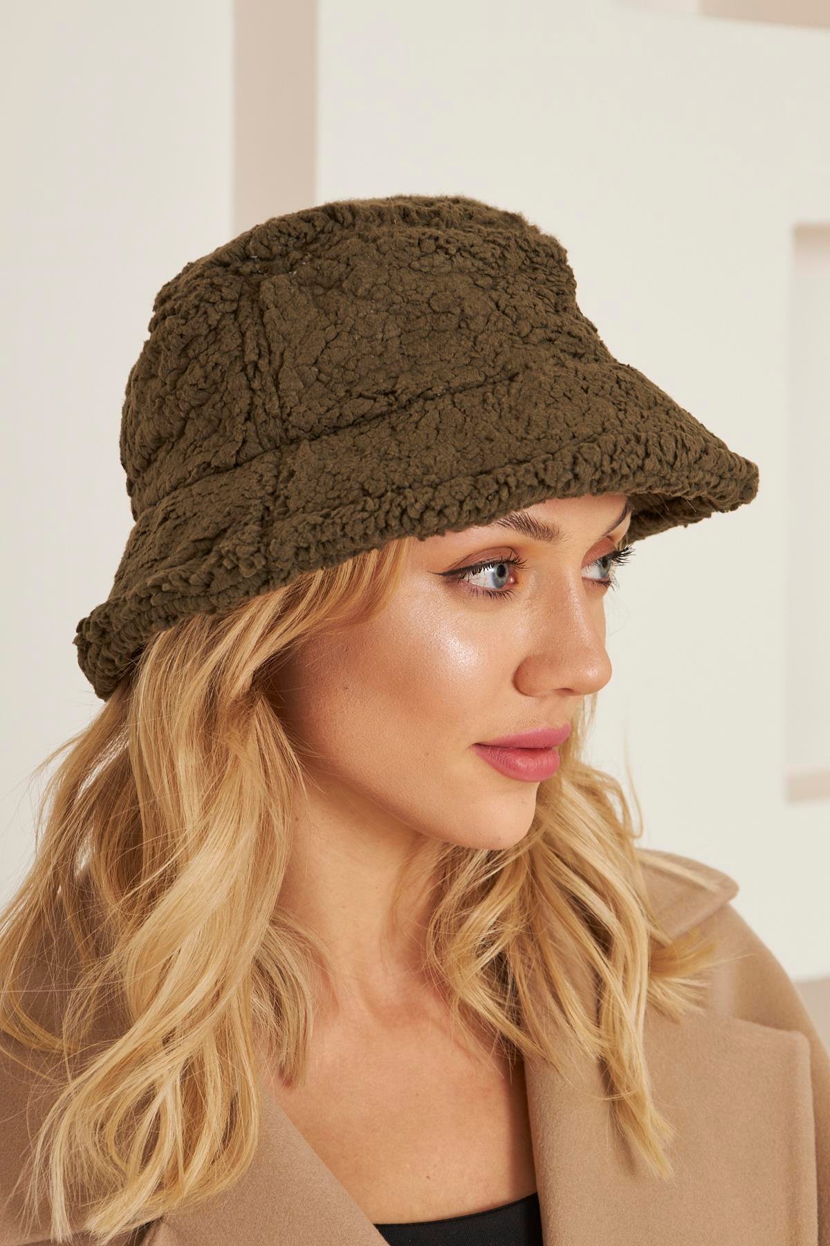 Siyah Kadın Peluş Kova Model Balıkçı Bucket Hat Kışlık Şapka