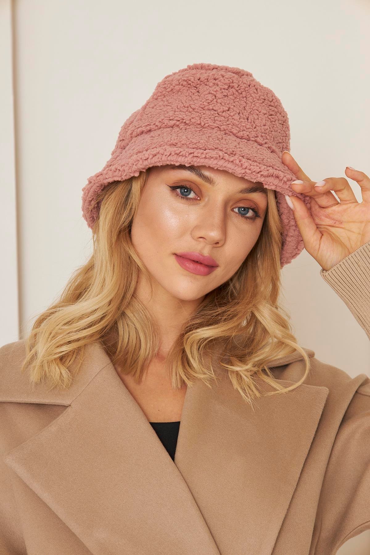Siyah Kadın Peluş Kova Model Balıkçı Bucket Hat Kışlık Şapka