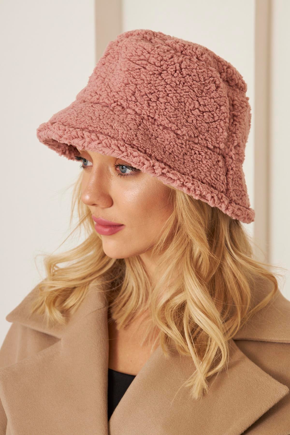 Siyah Kadın Peluş Kova Model Balıkçı Bucket Hat Kışlık Şapka