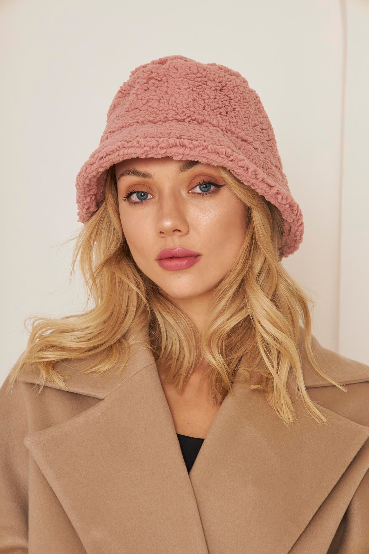 Siyah Kadın Peluş Kova Model Balıkçı Bucket Hat Kışlık Şapka