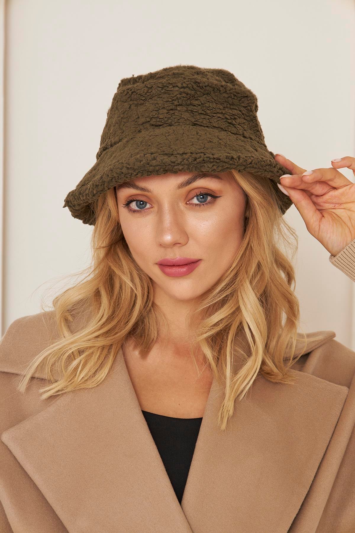 Siyah Kadın Peluş Kova Model Balıkçı Bucket Hat Kışlık Şapka