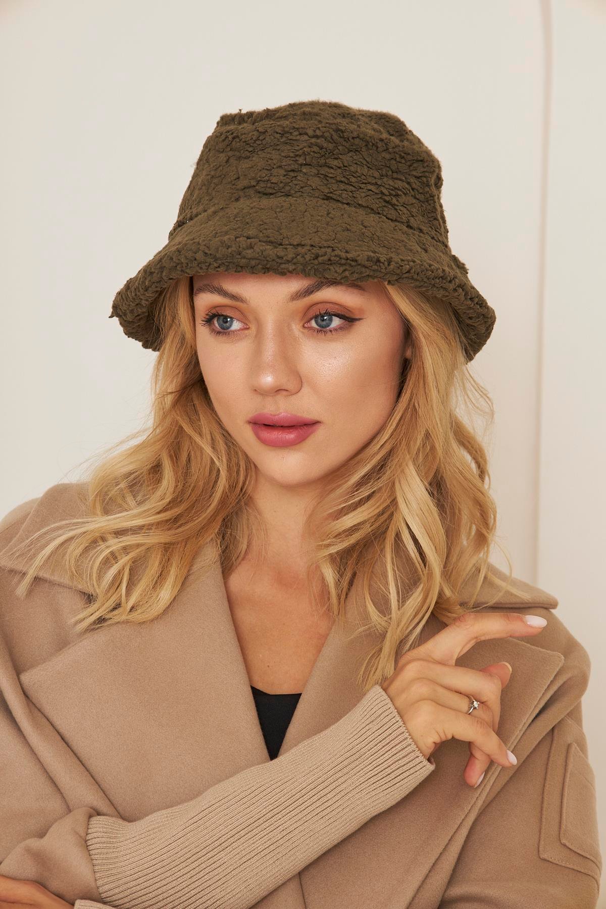 Siyah Kadın Peluş Kova Model Balıkçı Bucket Hat Kışlık Şapka