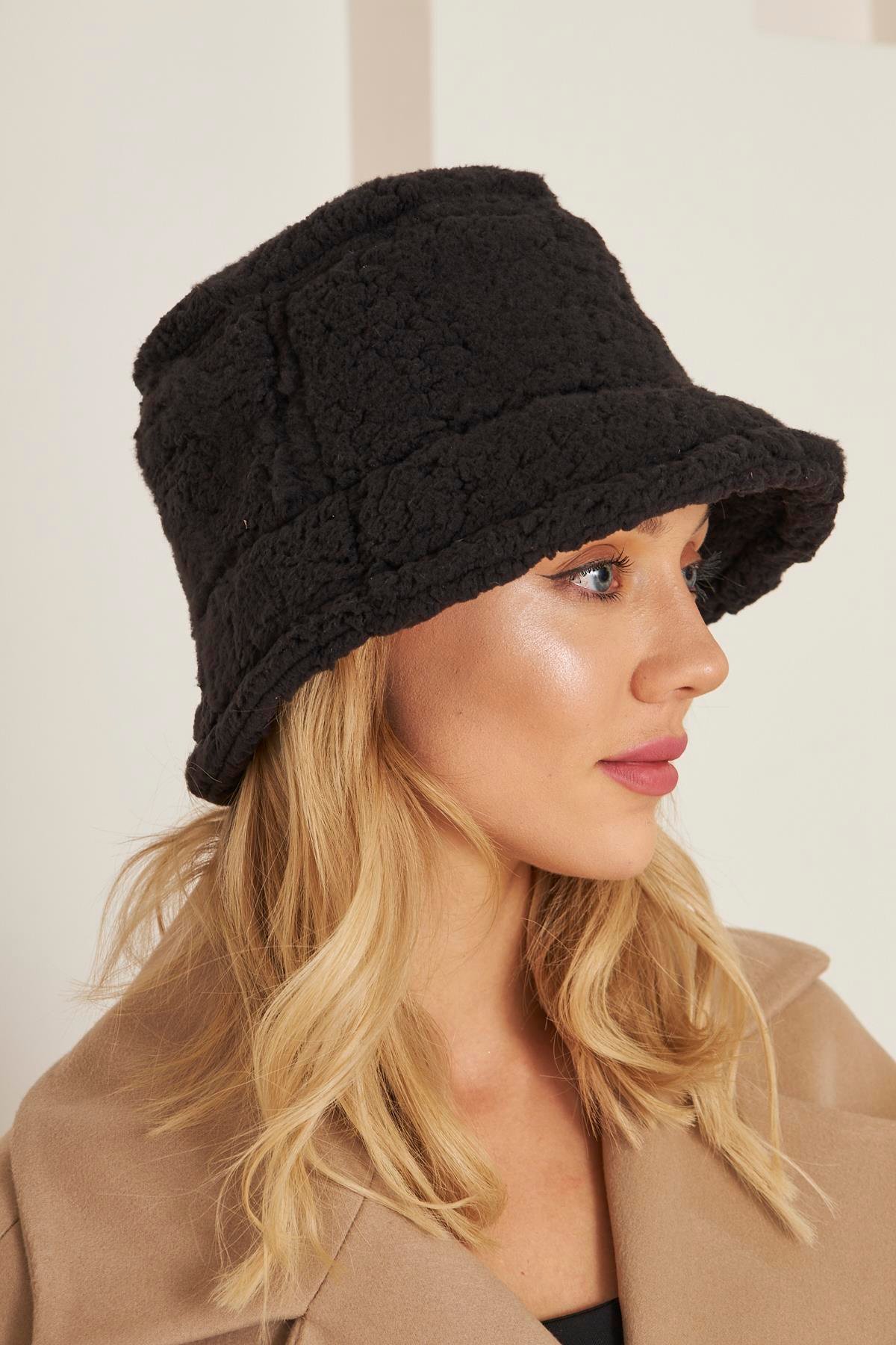 Siyah Kadın Peluş Kova Model Balıkçı Bucket Hat Kışlık Şapka