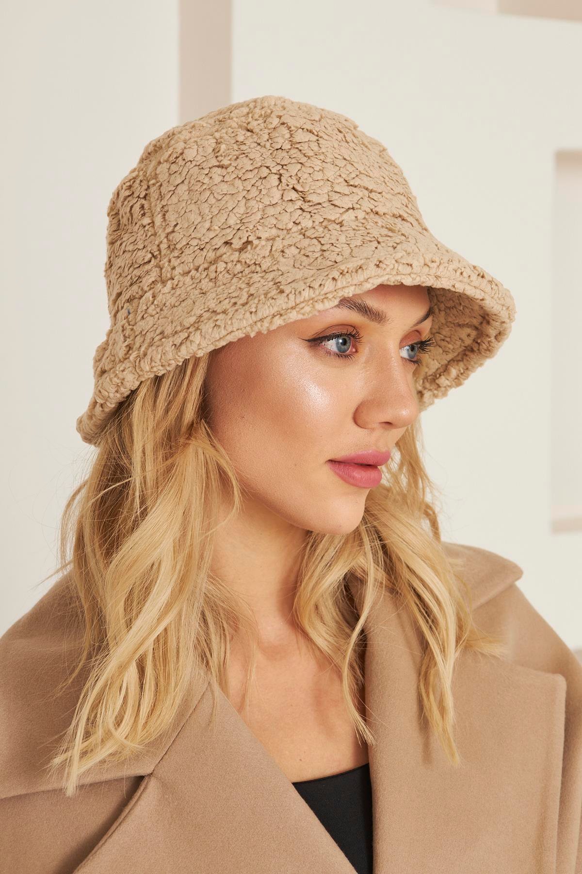 Siyah Kadın Peluş Kova Model Balıkçı Bucket Hat Kışlık Şapka