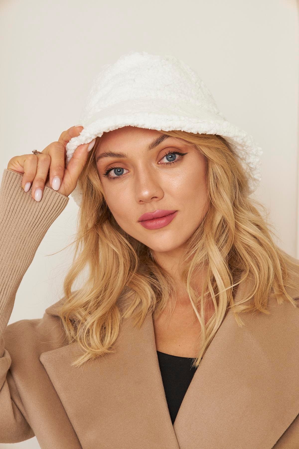 Siyah Kadın Peluş Kova Model Balıkçı Bucket Hat Kışlık Şapka