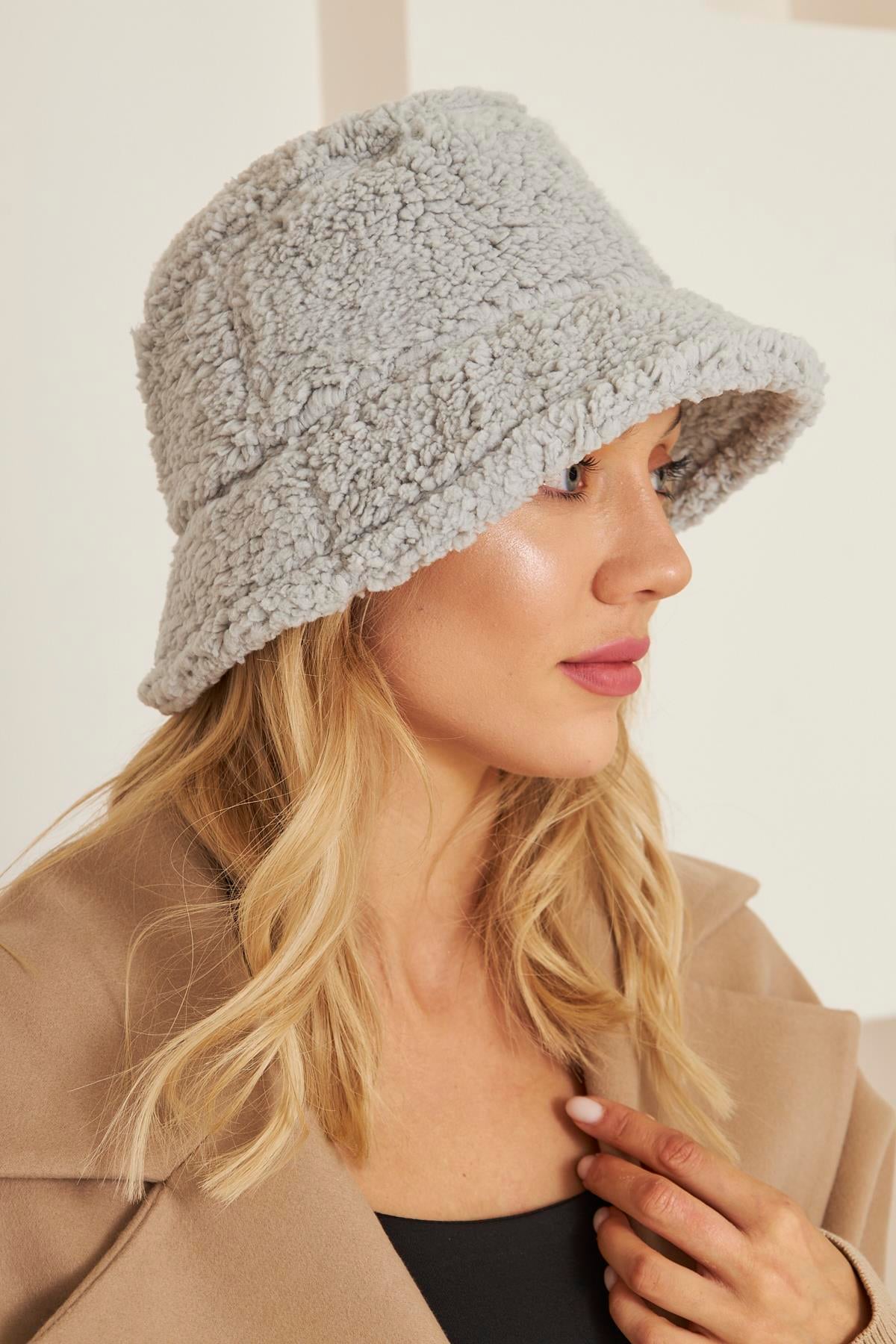 Siyah Kadın Peluş Kova Model Balıkçı Bucket Hat Kışlık Şapka