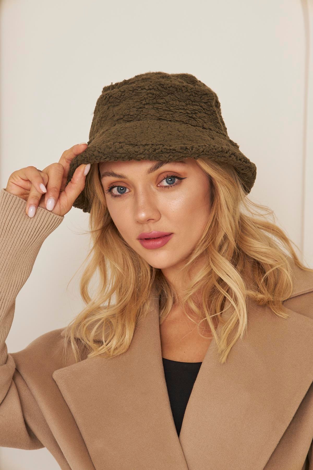 Siyah Kadın Peluş Kova Model Balıkçı Bucket Hat Kışlık Şapka