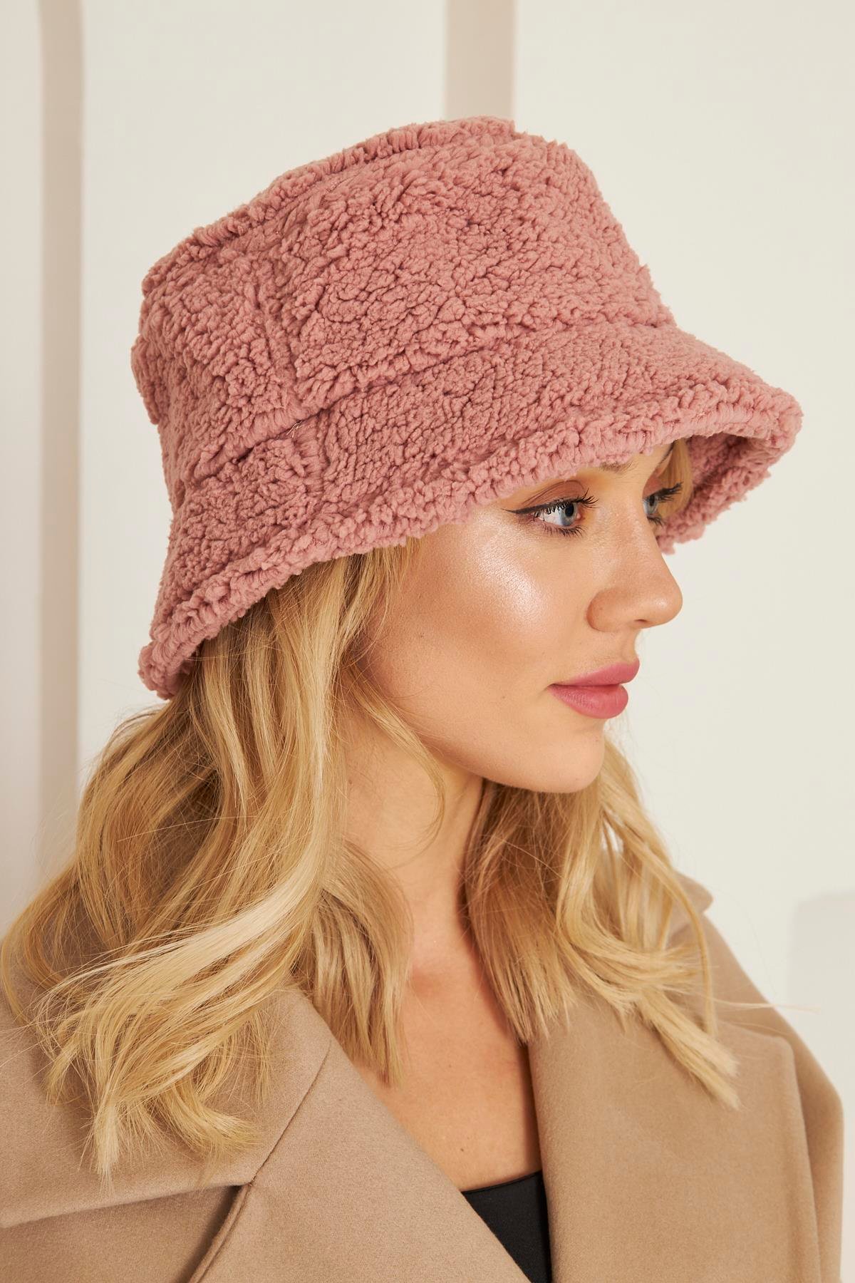 Siyah Kadın Peluş Kova Model Balıkçı Bucket Hat Kışlık Şapka