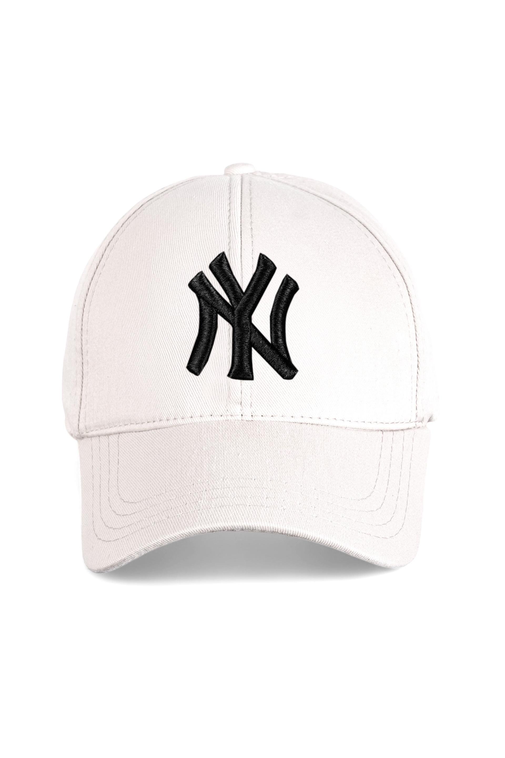 Unisex Beyaz Renk Siyah Logo Beyzbol Ny Nakışlı Şapka