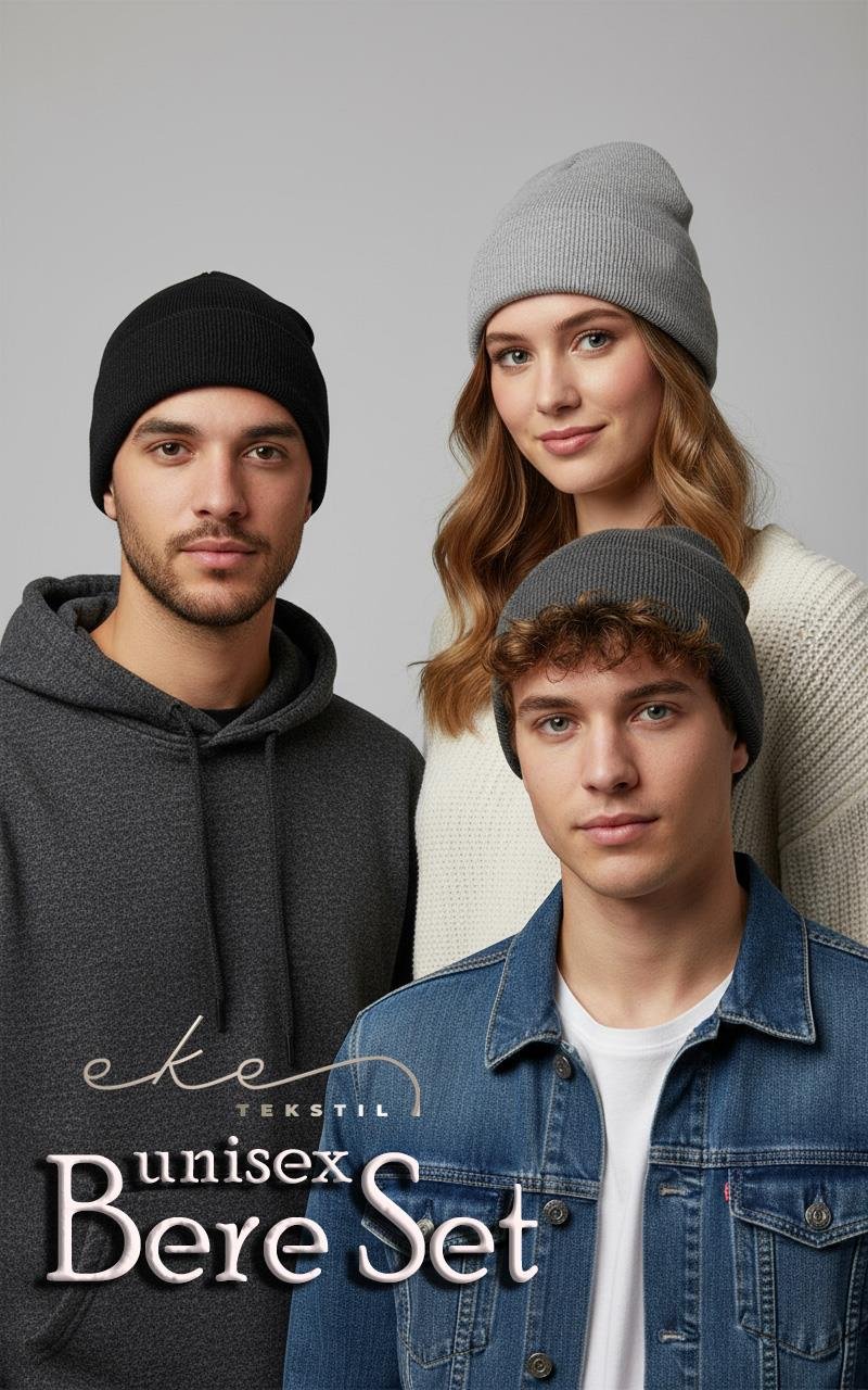 Unisex Katlamalı Antrasit,gri,açık Gri 3'lü Bere Seti
