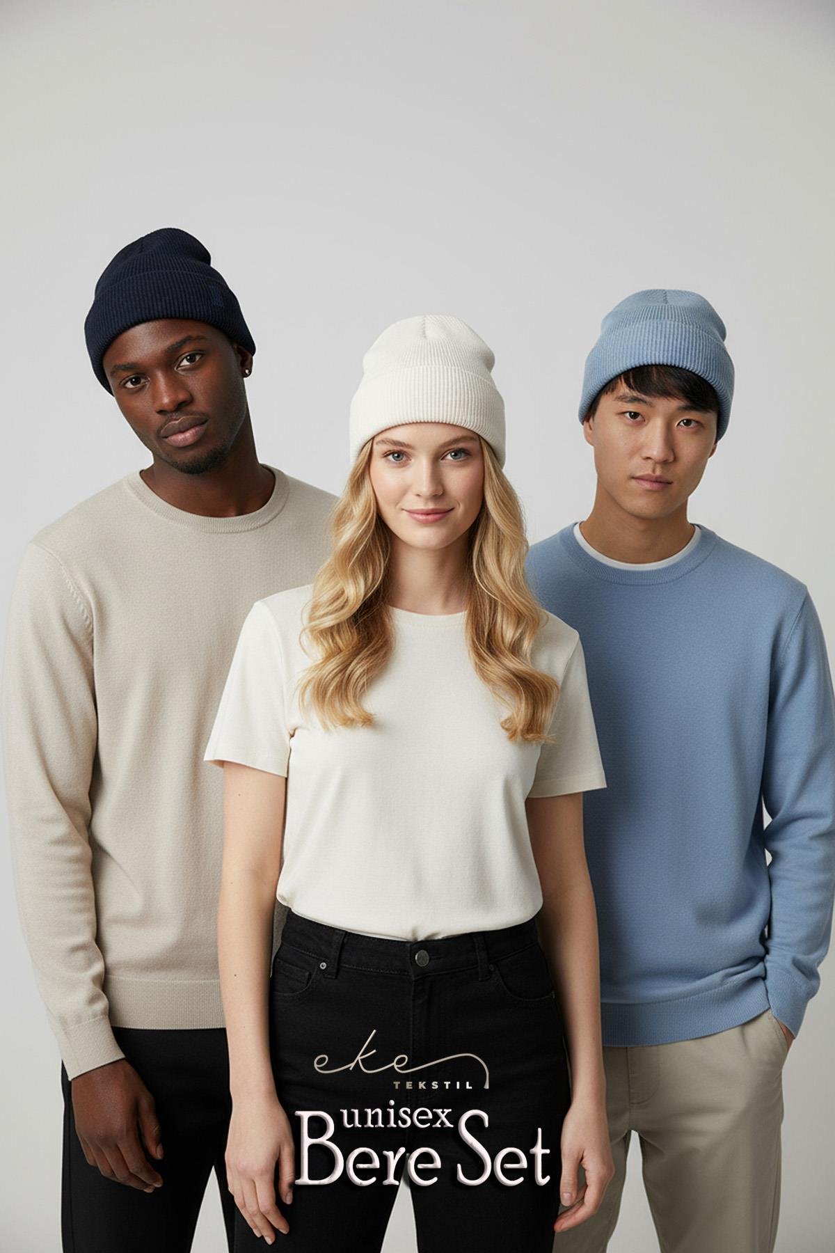 Unisex Katlamalı Bere Bebe Mavi Beyaz Lacivert 3'lü Bere Seti