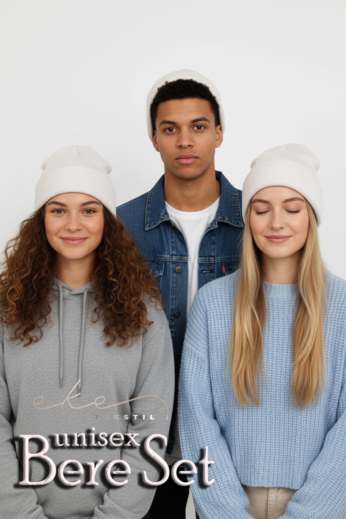 Unisex Katlamalı Beyaz,Beyaz ve Beyaz 3'lü Bere Seti