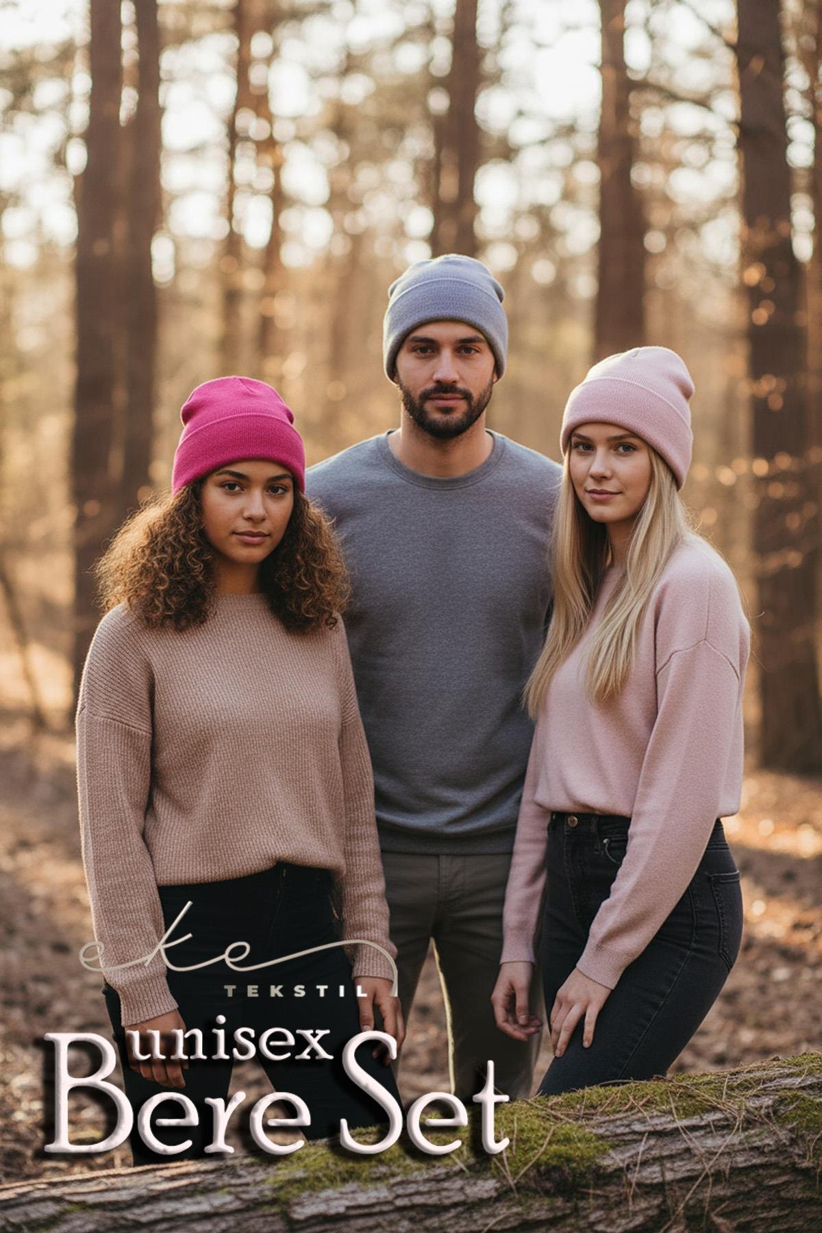 Unisex Katlamalı Fuşya,lila,pembe 3'lü Bere Seti