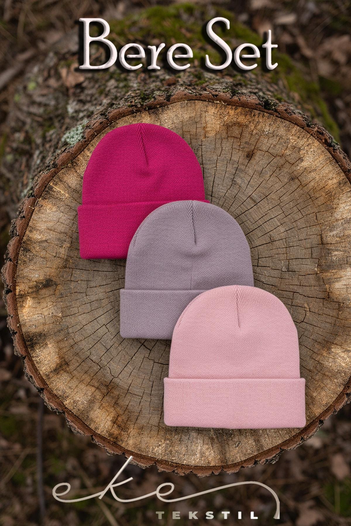 Unisex Katlamalı Fuşya,lila,pembe 3'lü Bere Seti