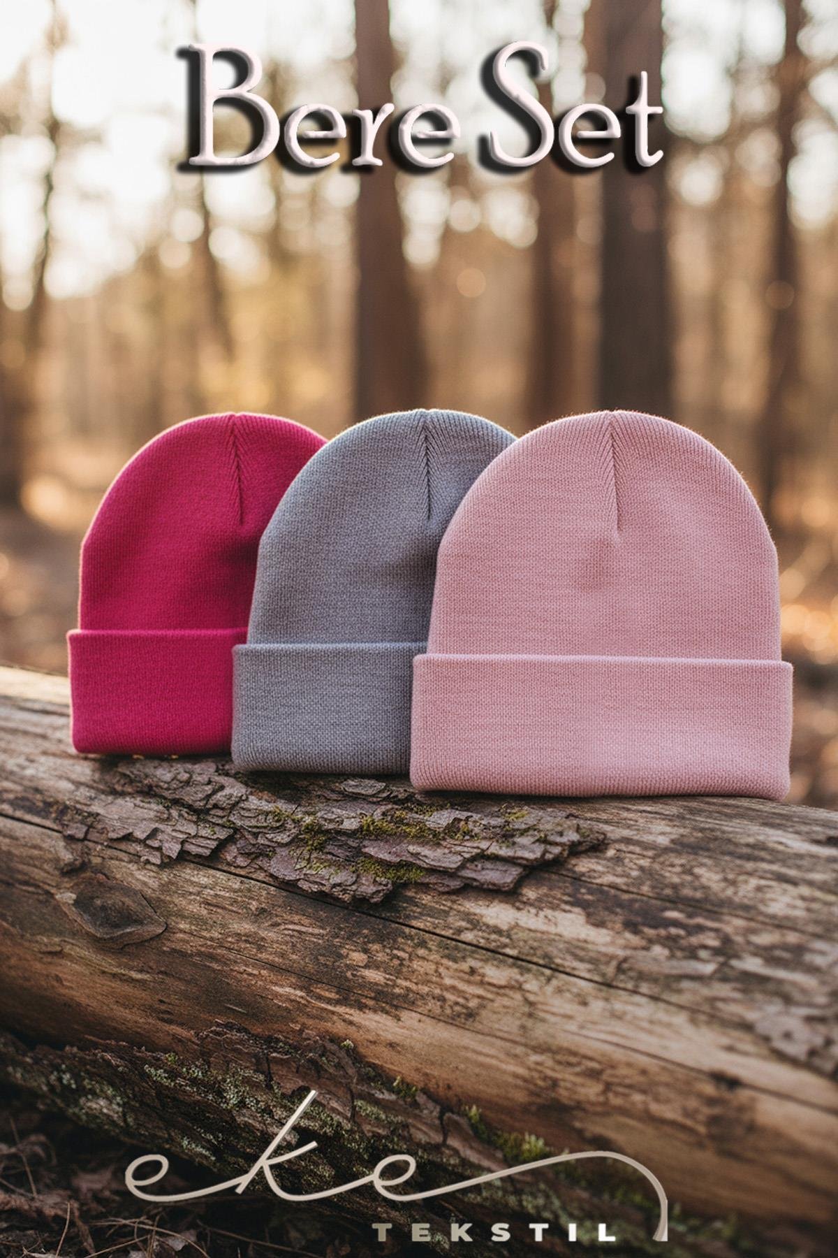 Unisex Katlamalı Fuşya,lila,pembe 3'lü Bere Seti