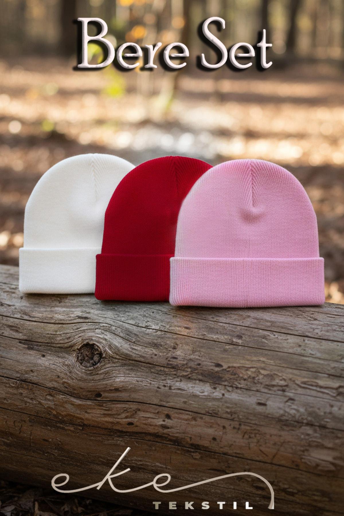 Unisex Katlamalı Kırmızı,Pembe,Beyaz 3'lü Bere Seti