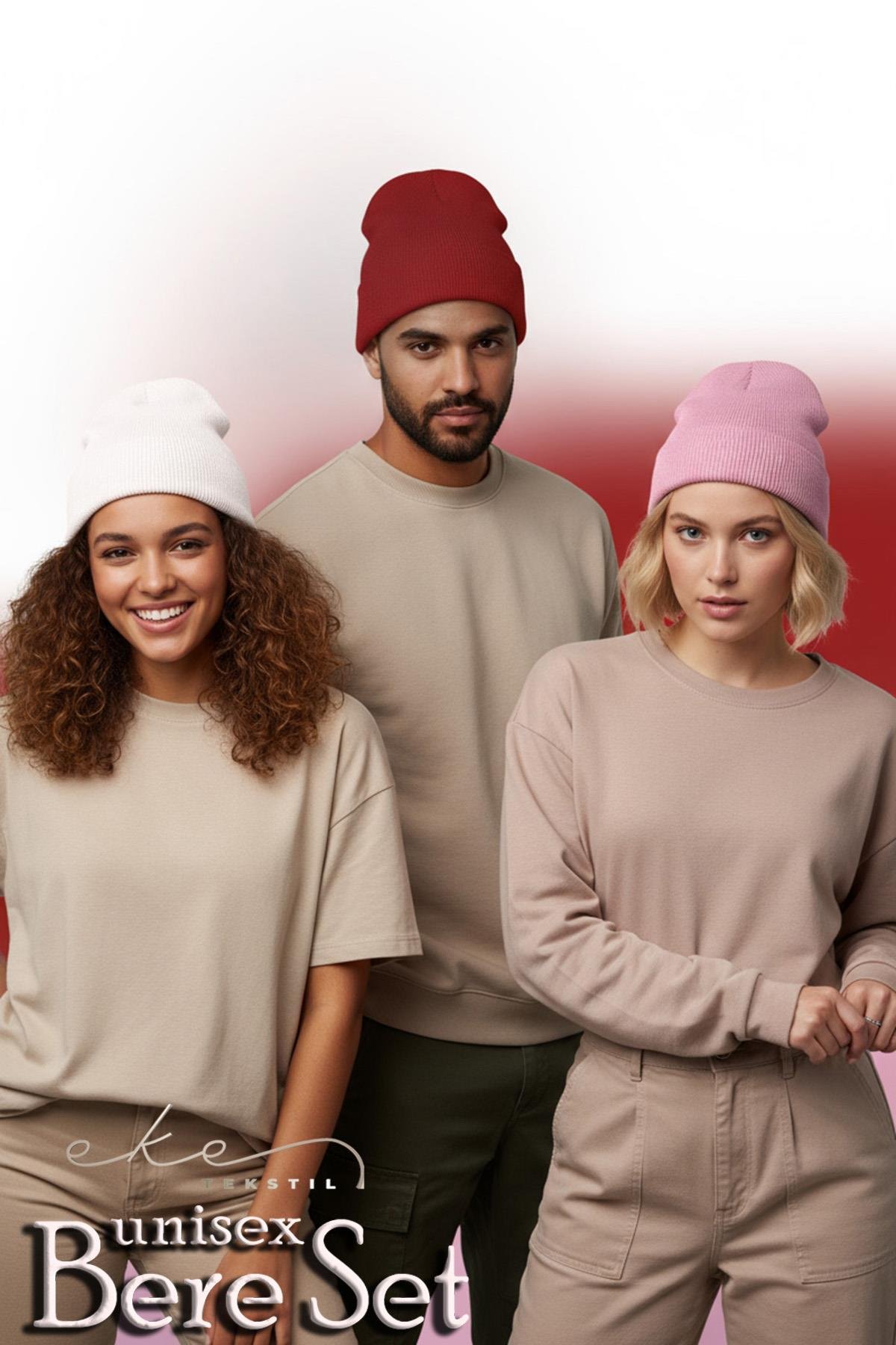 Unisex Katlamalı Kırmızı,Pembe,Beyaz 3'lü Bere Seti
