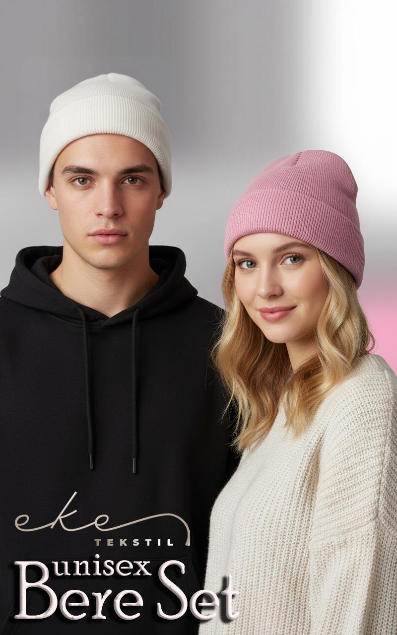 Unisex Katlamalı Pembe,Beyaz 2'Lİ Bere Seti EKEBERESETİ2LİYENİ
