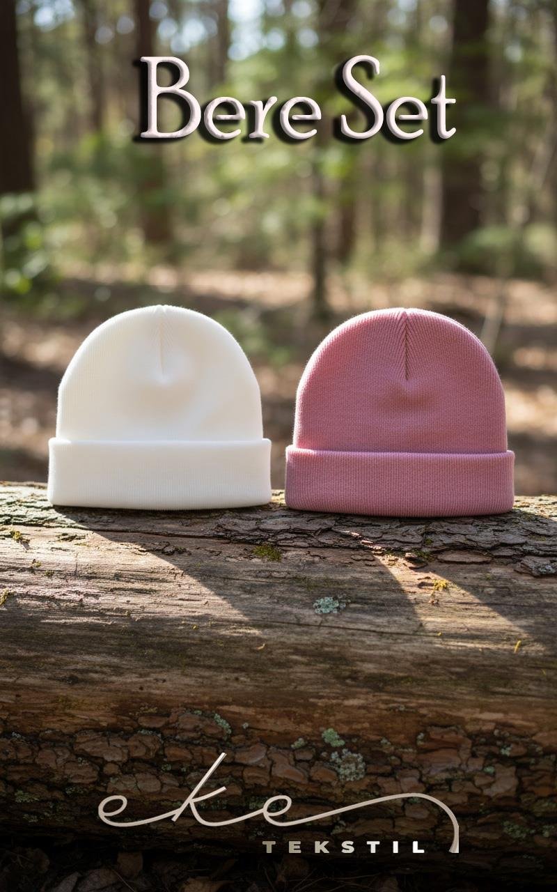 Unisex Katlamalı Pembe,Beyaz 2'Lİ Bere Seti EKEBERESETİ2LİYENİ