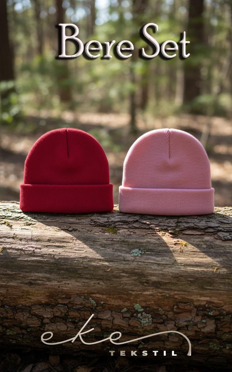 Unisex Katlamalı Pembe,Kırmızı 2'Lİ Bere Seti EKEBERESETİ2LİYENİ
